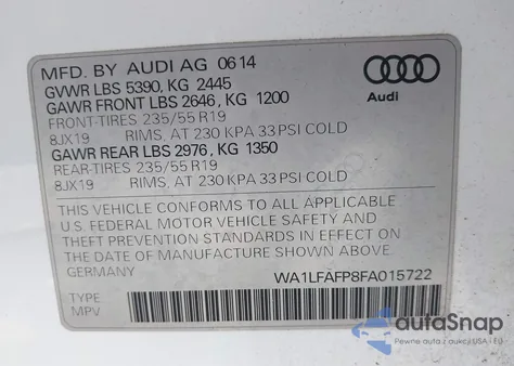 2015 Audi Q5 2.0T Premium из США, поврежденный, VIN WA1LFAFP8FA015722